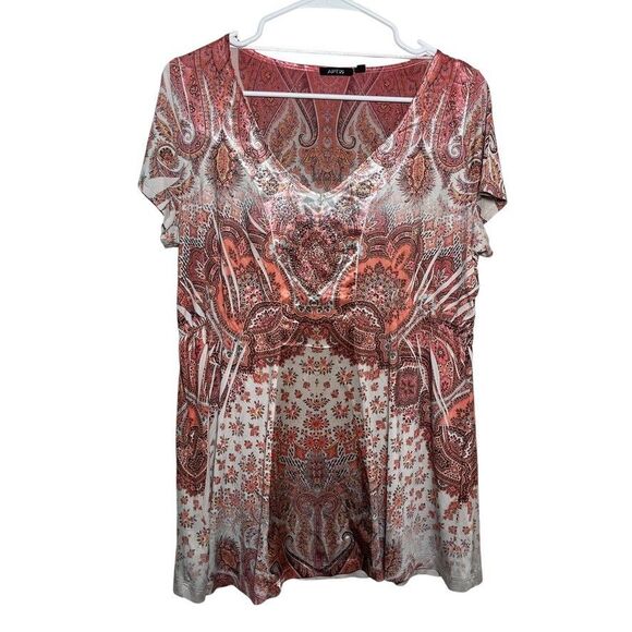 Apt 9 Blouse Women's Large Printed Rhinestone Short Sleeve Y2k Top Boho - Picture 1 of 9